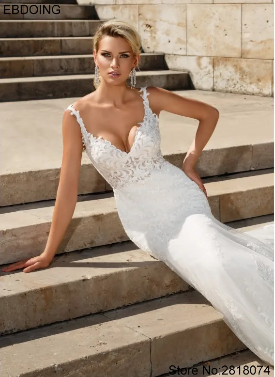 Vestido De Novia De sirena De encaje elegante, escote en V, Espalda descubierta, talla grande