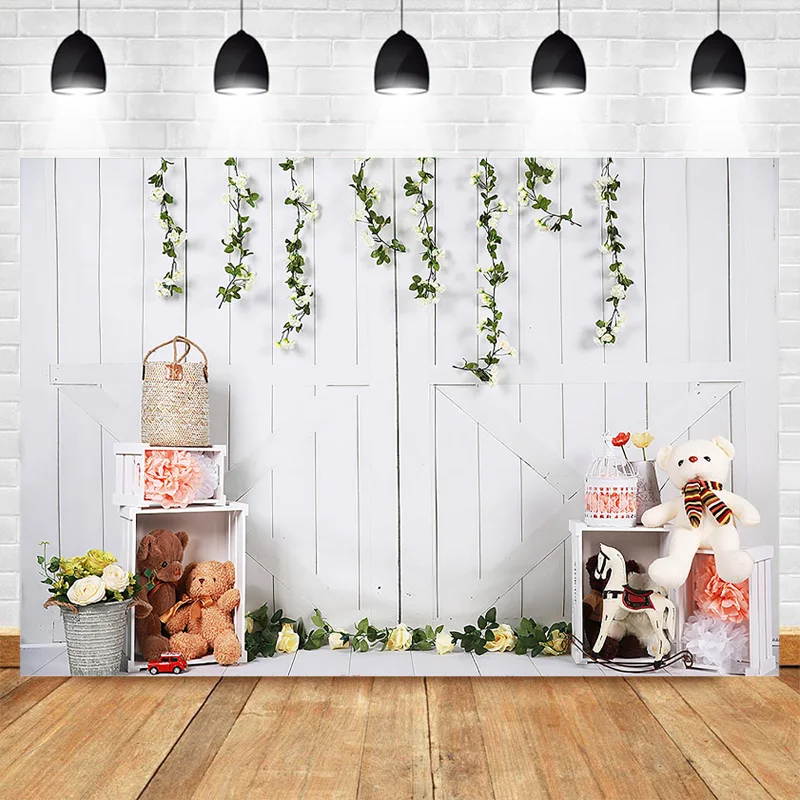 Mocsicka Photography Background White Plank Toy Bear Decoratiopn Backdrop Kids Chirldren Birthday Flowers Photocall Photo Studio