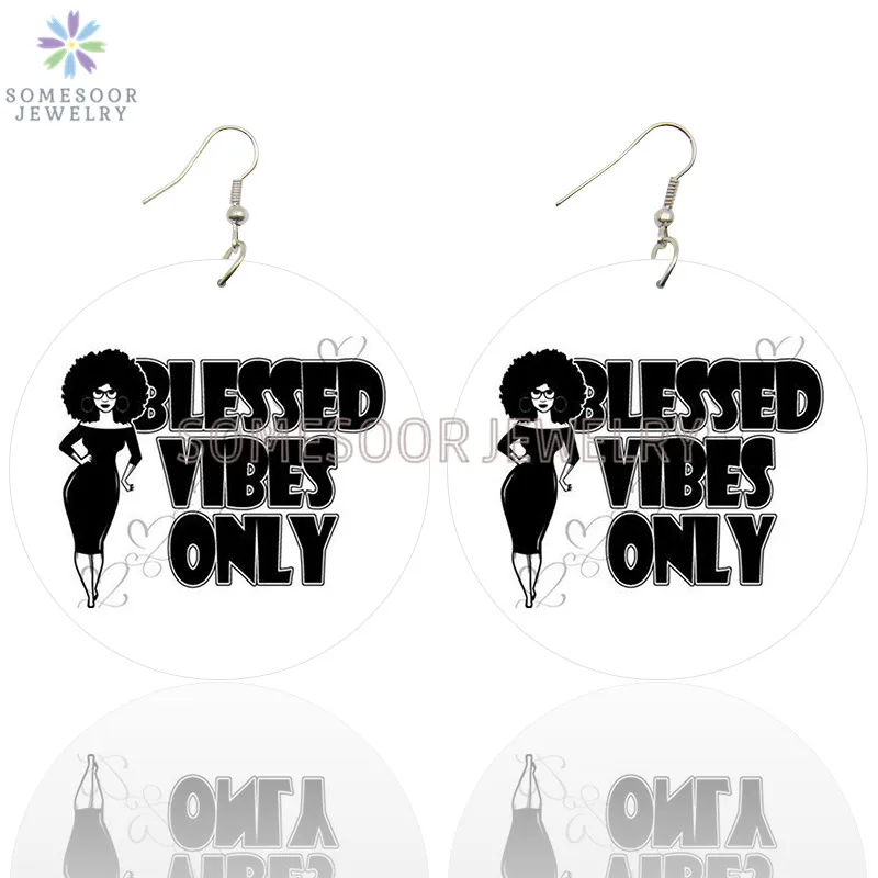 SOMESOOR Blessed Vibes Only Wooden Drop Earrings Woman Power Curly Lady Both Sides Printed Loops Dangle Jewelry For Women Gifts