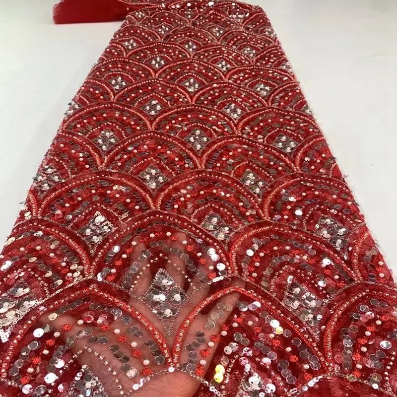 

Fancy Nigerian Bead Fabric High Quality Lace Crystal Sequins Shiny Embroidery French Lace Fabric For Wedding TS9529