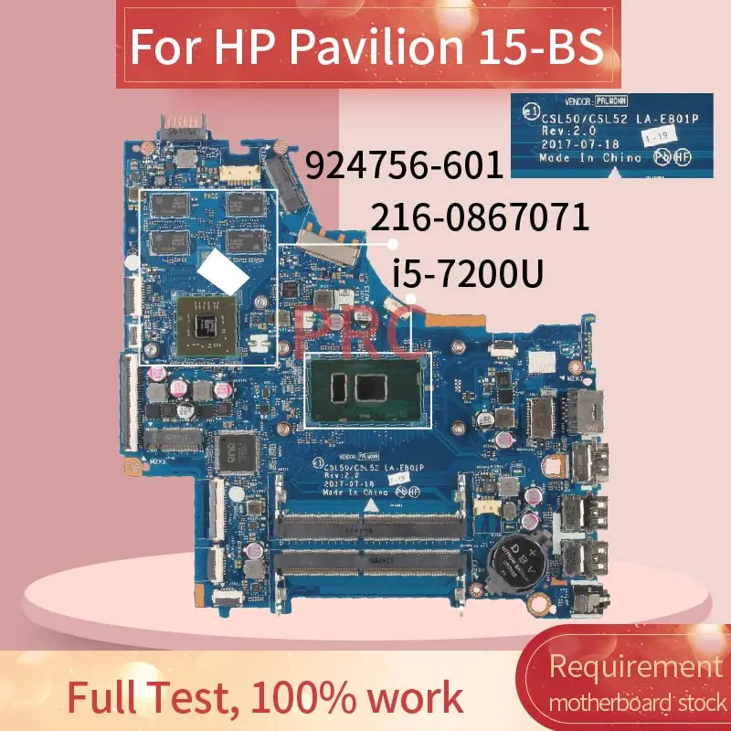 

924756-601 924756-501 Laptop motherboard For HP Pavilion 15-BS i5-7200U Notebook Mainboard LA-E801P 216-0867071 DDR3