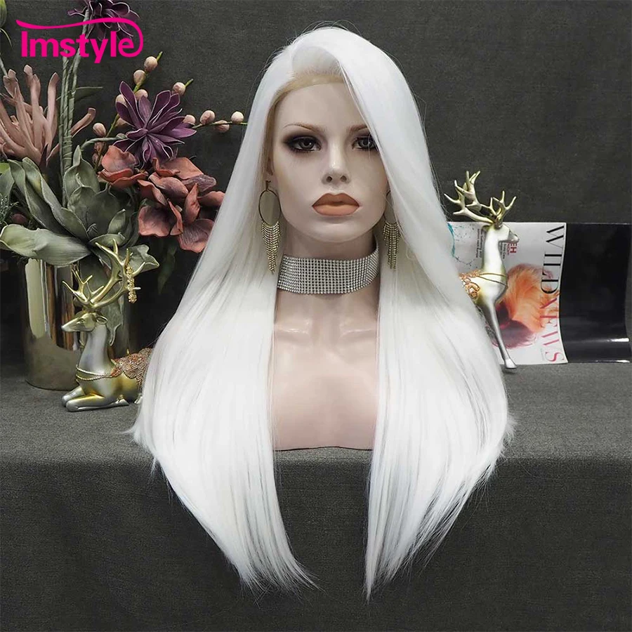 Imstyle-peluca blanca recta sintética con malla frontal para mujer, fibra resistente al calor, larga, Cosplay