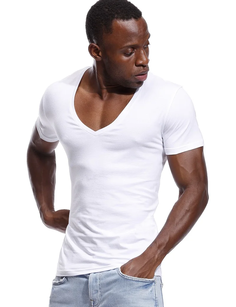 T-Shirt z głębokim dekoltem w szpic Męskie koszulki z dekoltem w szpic dla mężczyzn Moda Bawełniane koszulki kompresyjne Męskie prezenty na Dzień Ojca Odzież męska