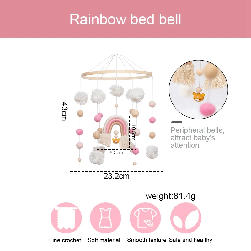 Baby Crib Mobiles Rattles Toys Rainbow Bed Bell Baby Newborn Crib Bed Bell Cots Kids Handmade Cartoon Clouds Baby Crib Mobiles