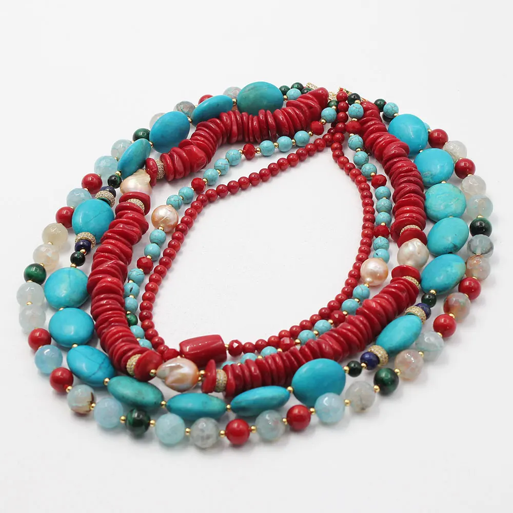 GG 5 Rows Freshwater Keshi Pearl Howlite Rondelle Tiger eye Red Coral Lapis Crystal Statement Necklace Handmade For Women