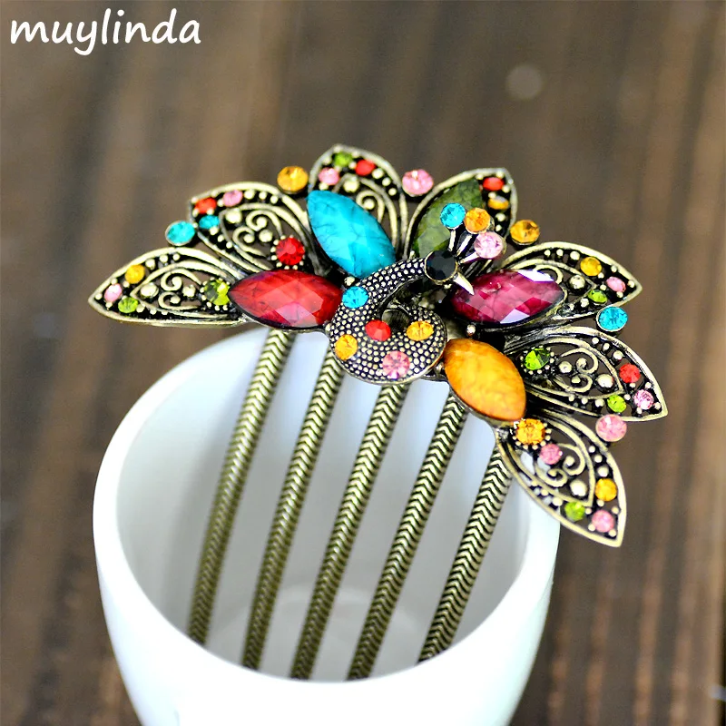 muylinda Peacock Hair Comb Hair Accessories Vintage Clip Jewelry Chinese Rhinestone Hair Pin For Women