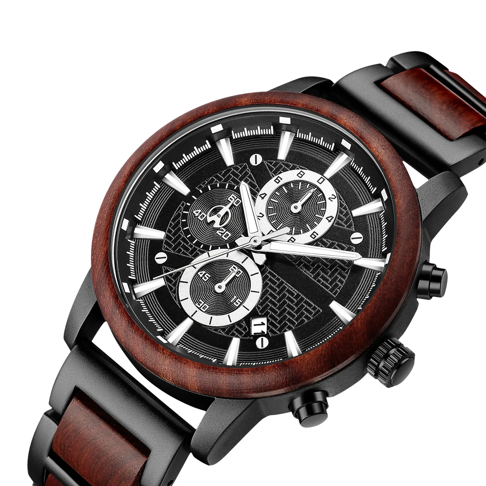 Alloy & Wood Combined Strap Watches Mens Multifunction Chronograph Quartz Calendar Watch Unique Steel Wooden Clock Male Reloj