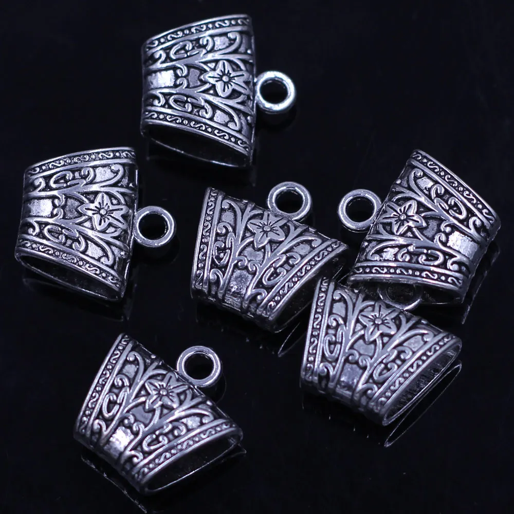 50Pcs Silver Tone Flower Floral Carved Bail Beads For Wrap Scarf Jewelry Finding 23x23mm