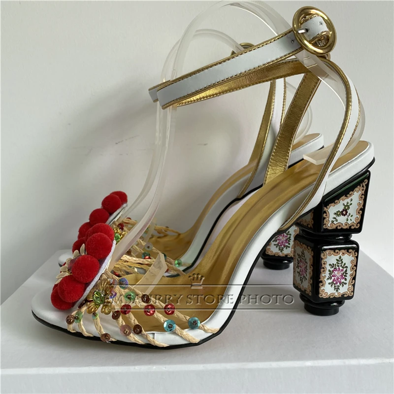 Weaving Sequins Narrow Band Wedding Shoes Bridal Print Chunky Heel Diamond Pompoms Ankle Strappy Sandals Women Summer