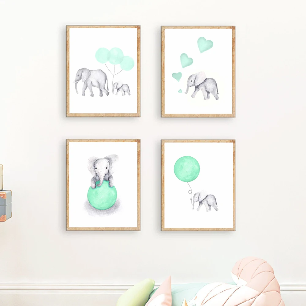 

Animals Mint Green Heart Balloon Elephant Canvas Painting Posters and Prints Wall Art Paintings Nursery Baby Kids Bedroom Decor