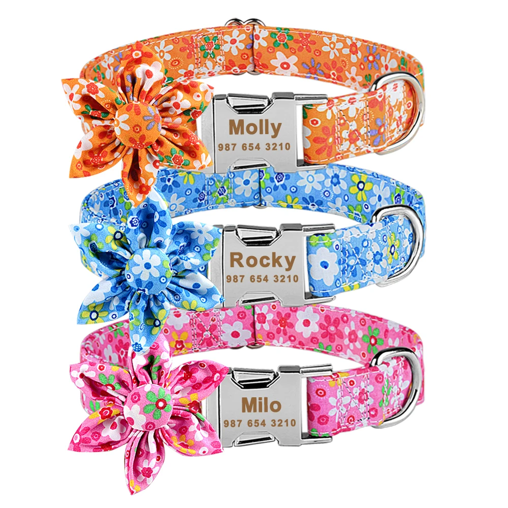 Personalized Flower Dog Collar Nylon Metal Buckle Small Medium Large Puppy Engraved Name Collars Pet Cat Dog Supplies