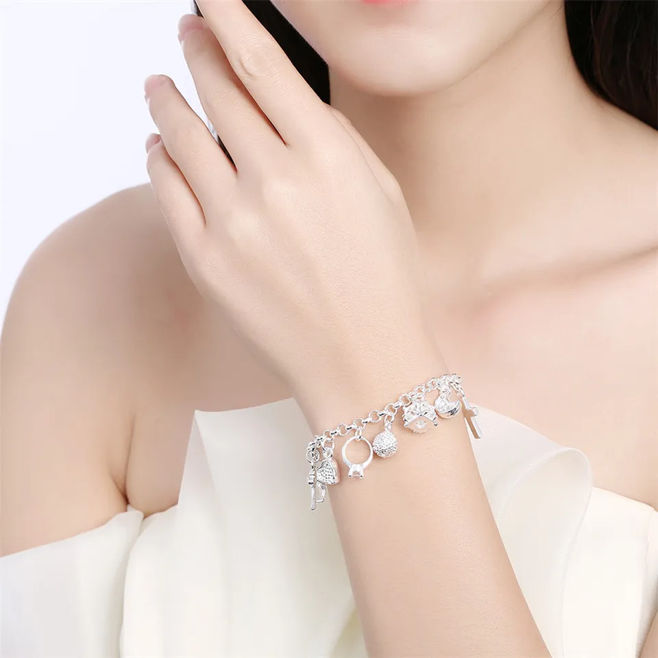 925 Silver Color Bracelets For Women Jewelry Wristband Multi Charms Bracelet Wedding Party Gift