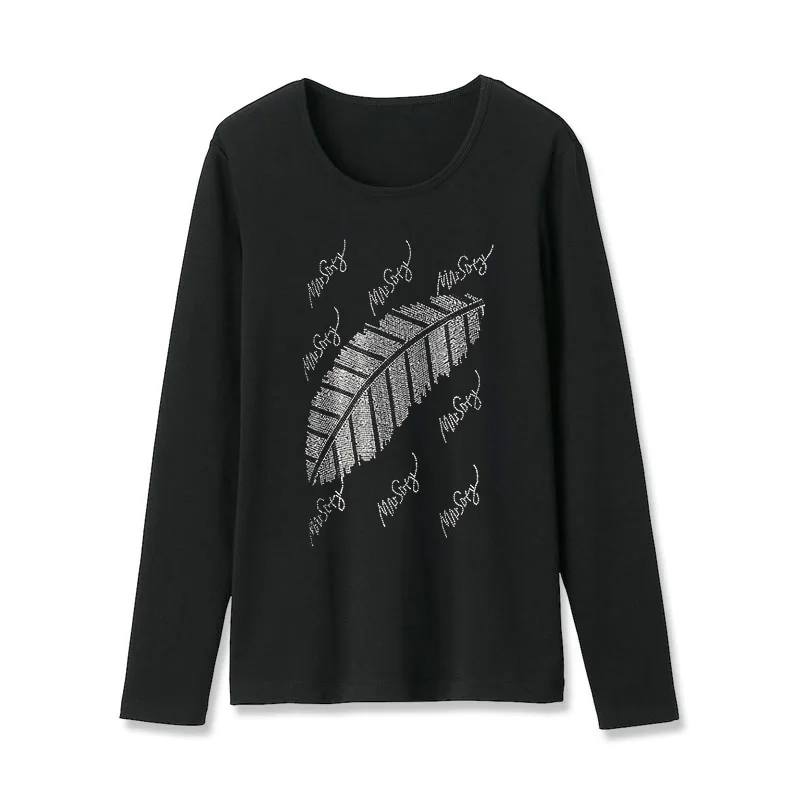 

Spring and Autumn New Fashion Long sleeve T-shirt women Creativity leaf Pattern Hot diamonds Loose Bottoming shirt tops female