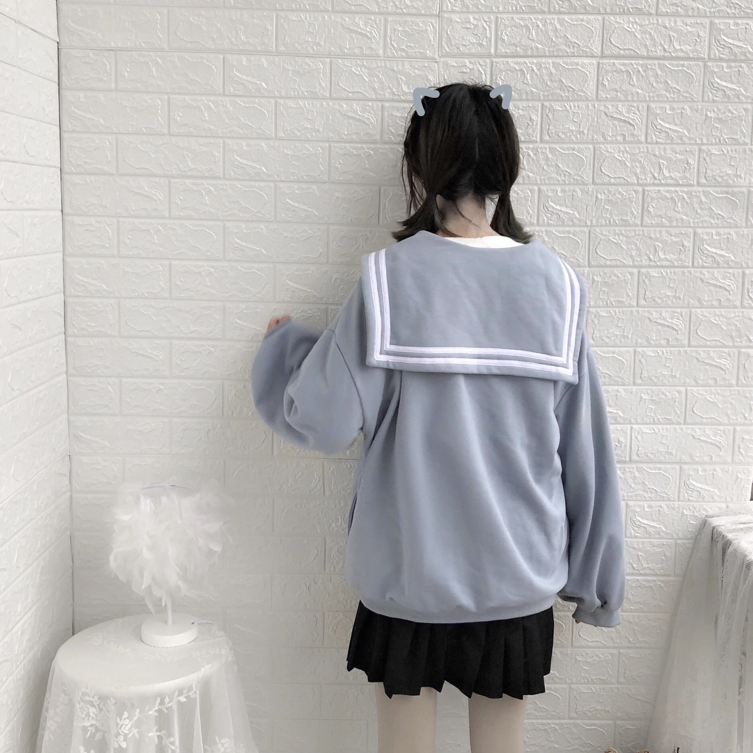 Kış Kawaii kız büyük boy fermuarlı kapüşonlu eşofman üstü Streetwear Sailor yaka kazak kadınlar Harajuku fermuar giyim ceket siyah