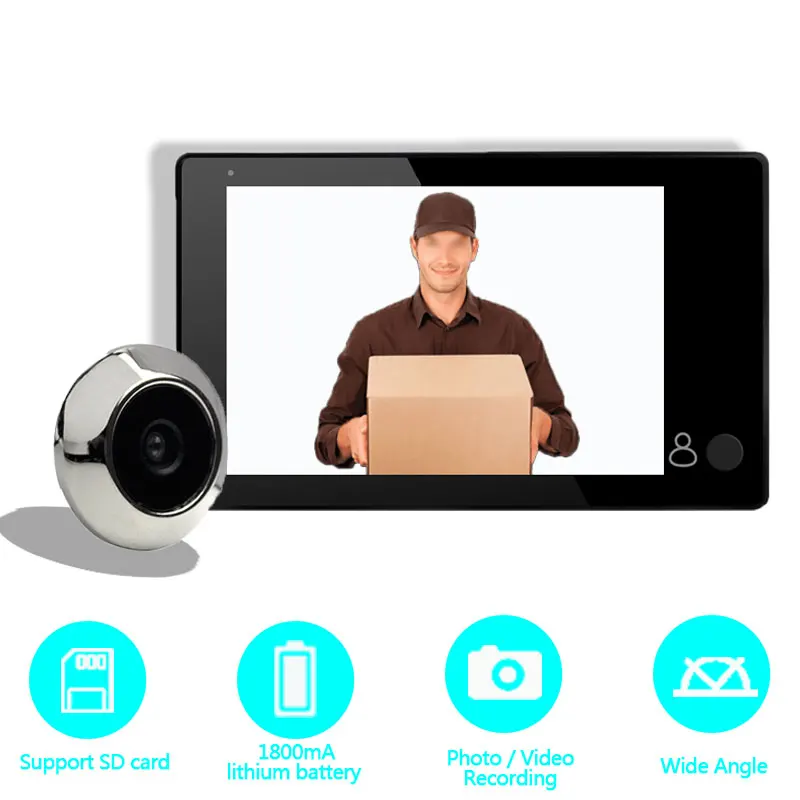 Monitor Video Doorbell 4.3 Inch TFT Color Screen Video-eye 145° Wide Angle Peephole Li-battery Photo Record Smart Home Security