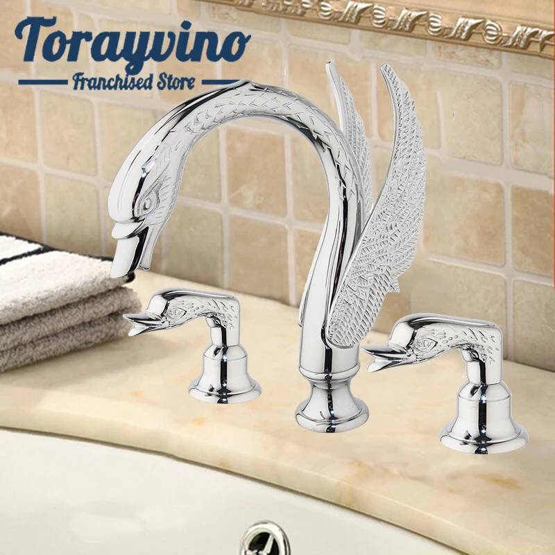 

Torayvino noble luxury bathroom basin faucet swan neck chrome brass tap deck mounted three hole double handle faucets mixer taps