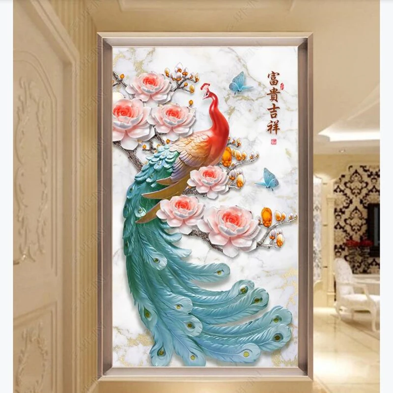 

Papel de parede Chinese style 3D stereo relief peacock marble pattern entrance wallpaper door sticker,living room bedroom mural