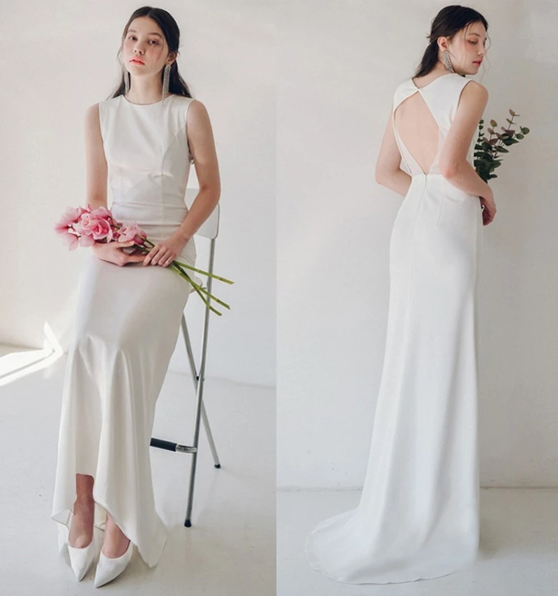 

#1339 Scoop Simple Elegant Sexy Sleeveless Backless Soft Satin Floor Length Sheath Wedding Dress Bridal Gowns Evening Dress