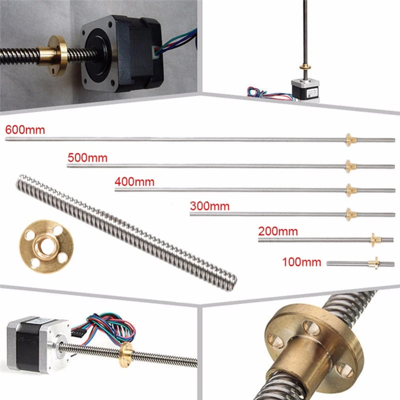 T16 Linear Shaft with Brass Nut 3D Printer CNC Shaft Trapezoidal Rod Lead Screw 8mm Length 100mm To 550mm Stepper Motor Driving