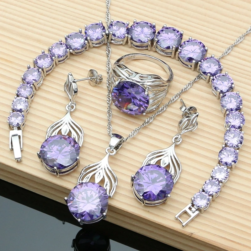 

Big Purple Amethyst Needle Earrings Silver 925 Jewelry Sets Rings Fine Women Jewellry Bride Bracelet Necklace Set Dropshipping