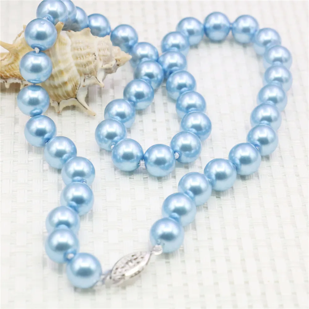 10mm Round Sky Blue Pearl Shell Necklace Women Girls Hand Made Jewelry Making Design Fashion Accessory Gifts For Mother