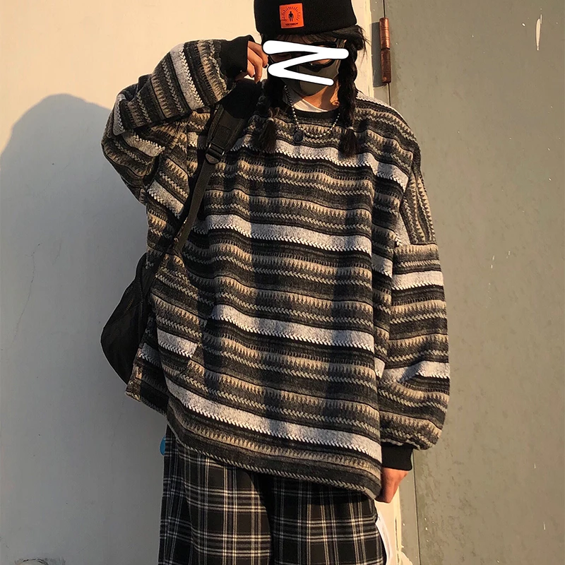 

Girl Knitted Stripe Sweater Tops Punk Rock Oversize Long Sleeve Casual Loose Streetwear Sweaters Pullovers