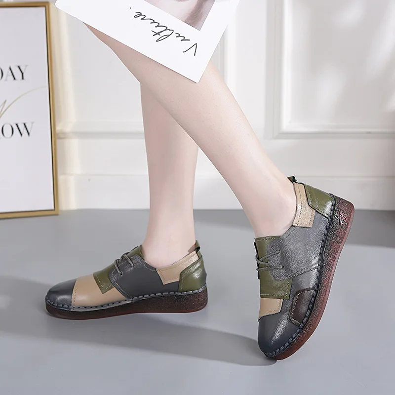 Glglgege 2022 New Women Old Mother Ladies Female Cow Genuine Leather Shoes Flats Loafers Slip On Casual National Style 35-41