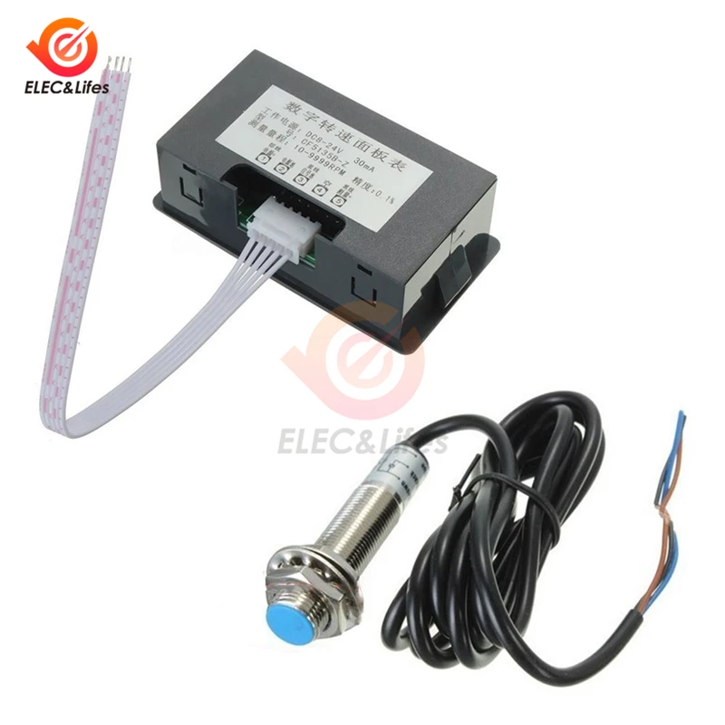 DC 12V 0.56 inch 4 LED Digital Tachometer Gauge RPM Speed Meter Hall Proximity Switch Sensor NPN 10-9999RPM Red/Blue/Green