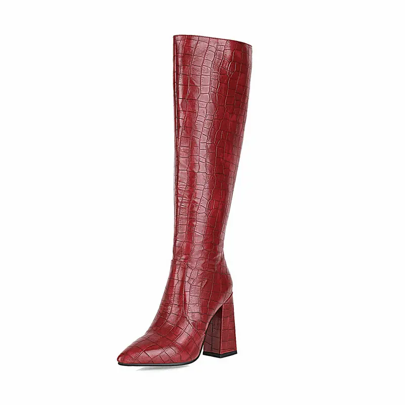 2021 New Faux Leather Women Knee High Boots Pointed Toe Square High Heel Ladies Long Boot Stone Pattern Women Shoes Black Red