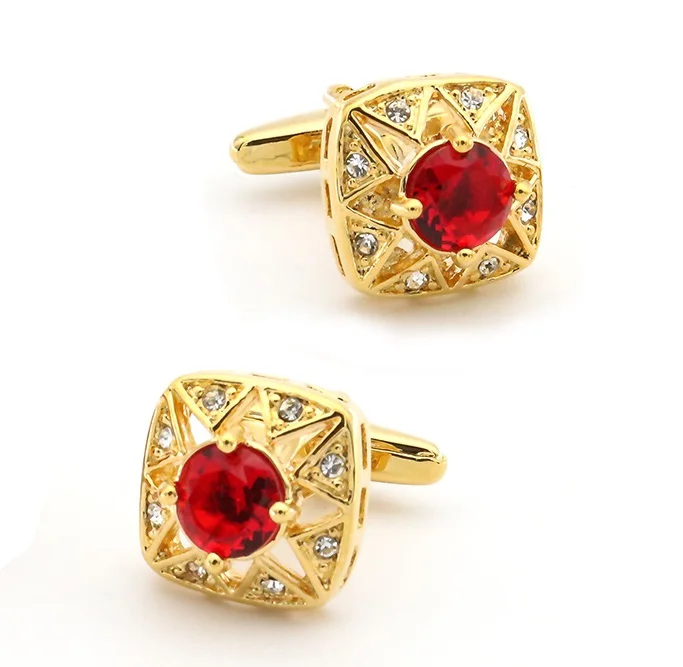 Men's Crystal Cuff Links Red Color Quality Brass Material Crystal Round Business Design Cufflinks Wholesale & Retail