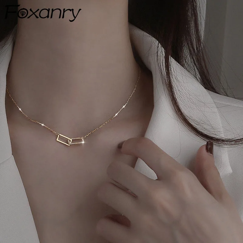 Foxanry Silver Color Necklace New Trend Creative Elegant Sparkling Geometric Zircon Clavicle Chain Jewelry Gift for Women