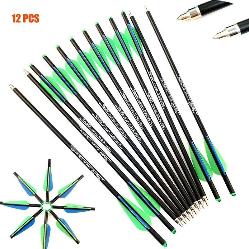 

12pcs Spine "400" 2 Green and 1 Blue Carbon Arrow, Replaceable Bolt Arrow is Used for Outdoor Hunting of bow and Arrow Archery