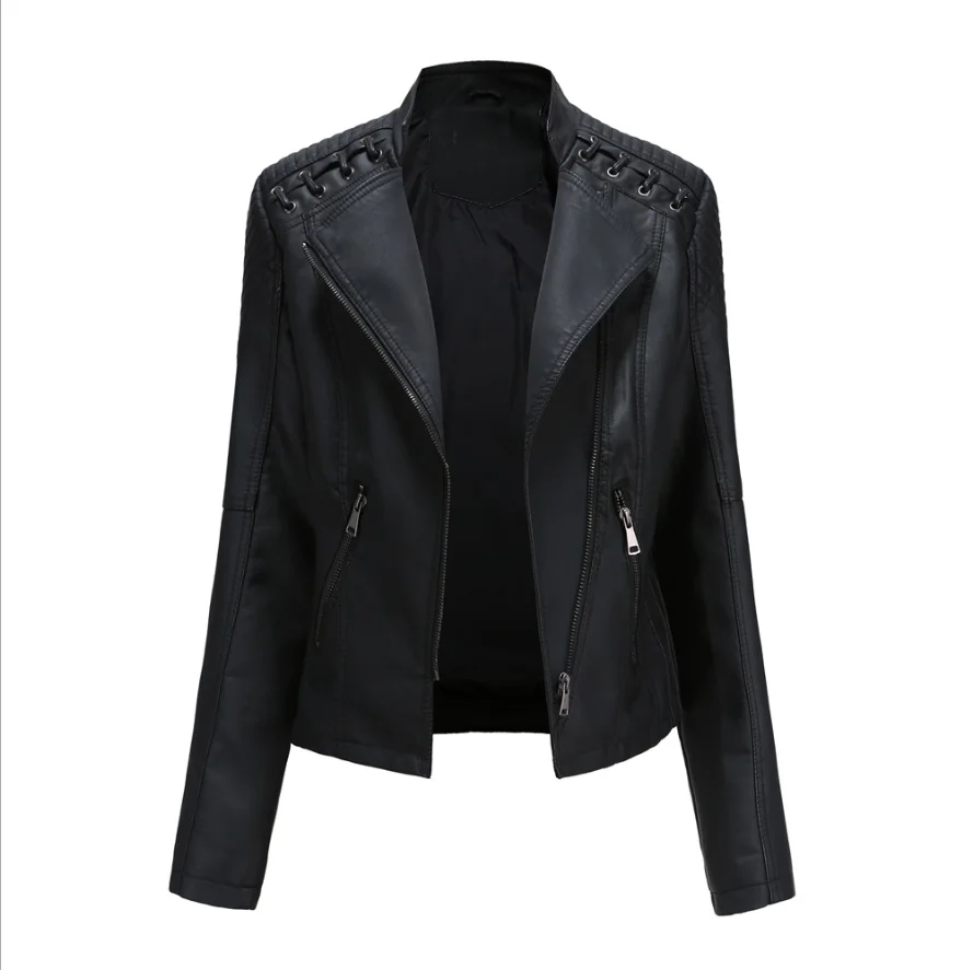 Spring and Autumn Women\'s High Quality Ladies Zipper Leather Jacket Spring Fashion Slim Short Jacket Ladies Motorcycle Jacket