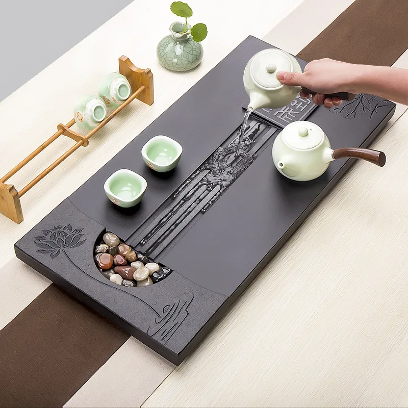 heavy stone tea tray weighted tea table water draining function serving trays for kungfu tea set tea boat lotus carve  ZM222