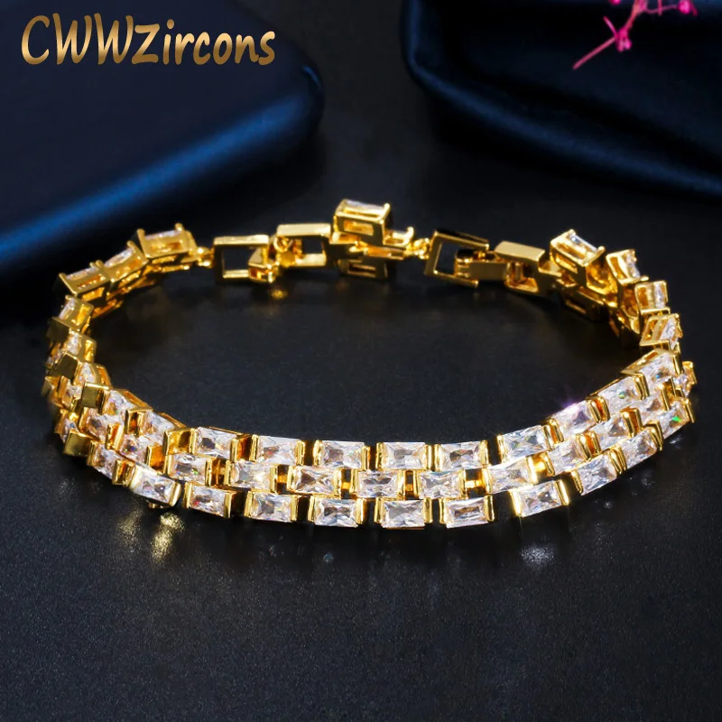 

CWWZircons Shiny African Dubai Gold Color Baguette Cubic Zirconia Tennis Bracelet for Women Wedding Brides Party Jewelry CB222