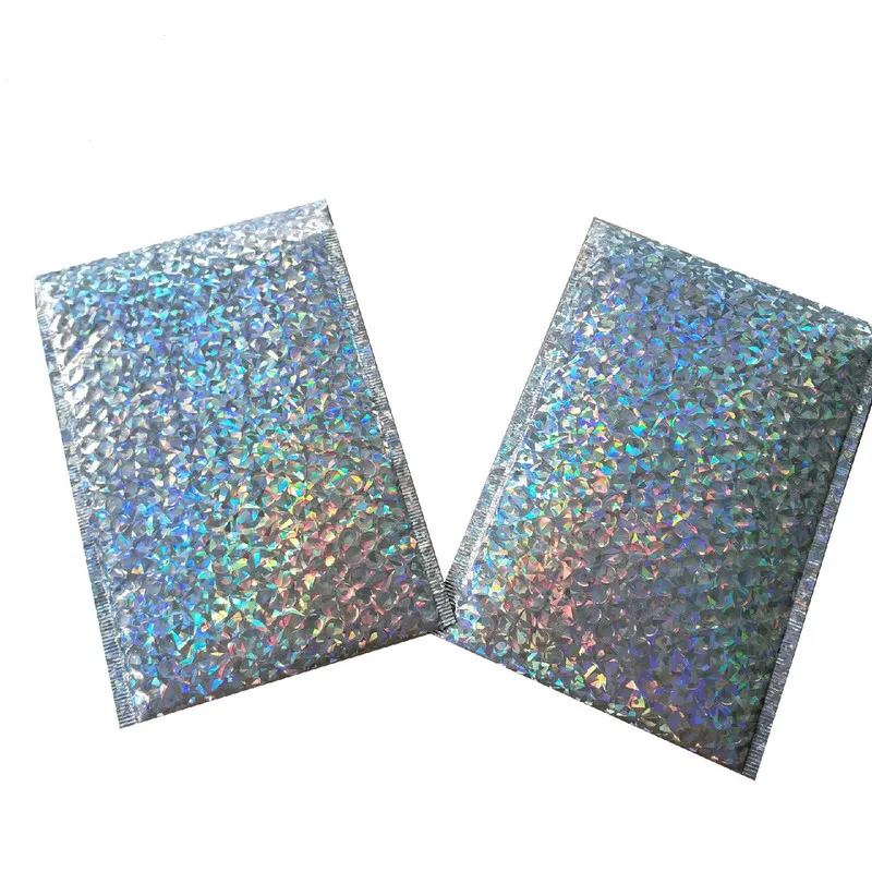 Bolsas de sobres de correo de plata láser, sobres de burbujas acolchados impermeables, paquete de Navidad, 50 Uds.