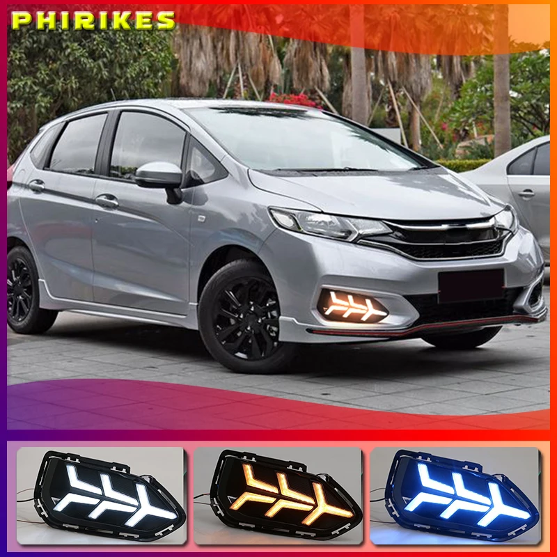 

2pcs For Honda Jazz fit 2018 2019 LED Daytime Running Lights DRL Fog lamp cover with Yellow turning signal lights