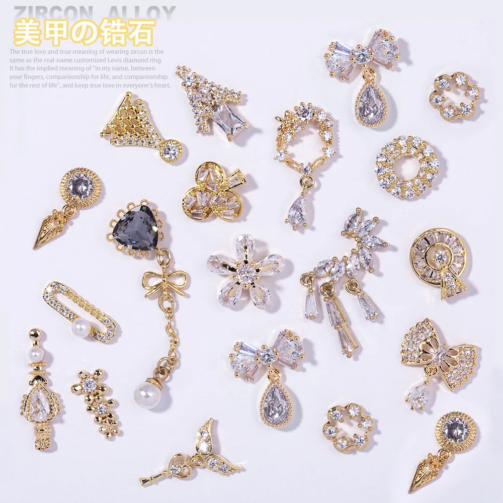 

Latest 2 pc alloy Zircon Nail art decoration luxury zircon rhinestone tassel heart wing nail jewelry high end long nail charms