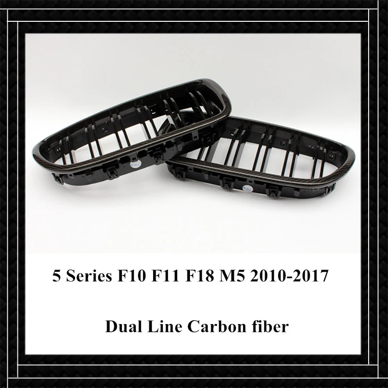 One Pair Glossy Black Bumper Front Grille For B-mw F10 F11 F18 M5 2010-2017 Real Carbon Fiber Dual Line Car Grilles