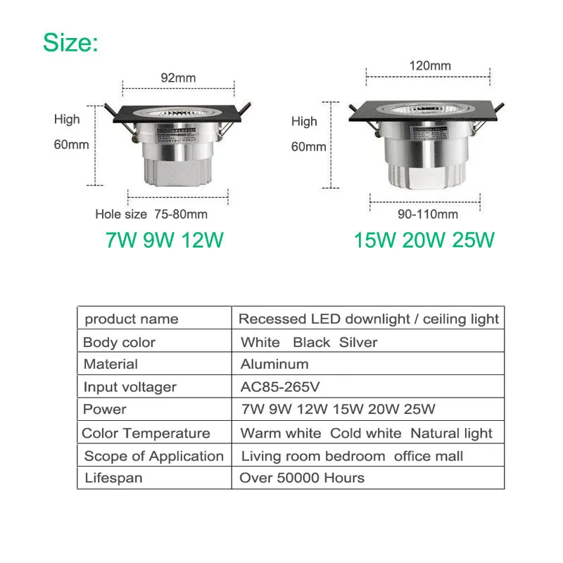 Dimmable LED downlight COB spotlight ceiling light AC85-265V 7w9w12w15w20w 25w recessed downlight  squar led panel light - Image 5
