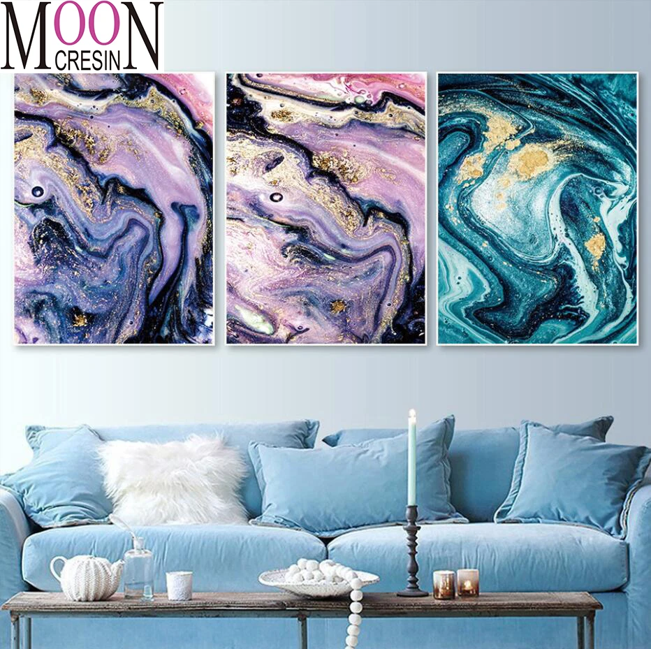 5d Diamond Paintings 3 Panel Golden Abstract Embroidery Spray Home Decoration For Living Room Triptych Diamond Mosaic Crafts