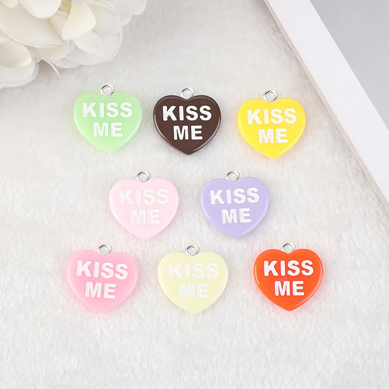 16 Pcs 22*24 MM Glitter Heart Charms Flatback Resin Cabochons XOXO KISS ME LOVE YOU  Pendants for Earrings Necklaces Diy Making