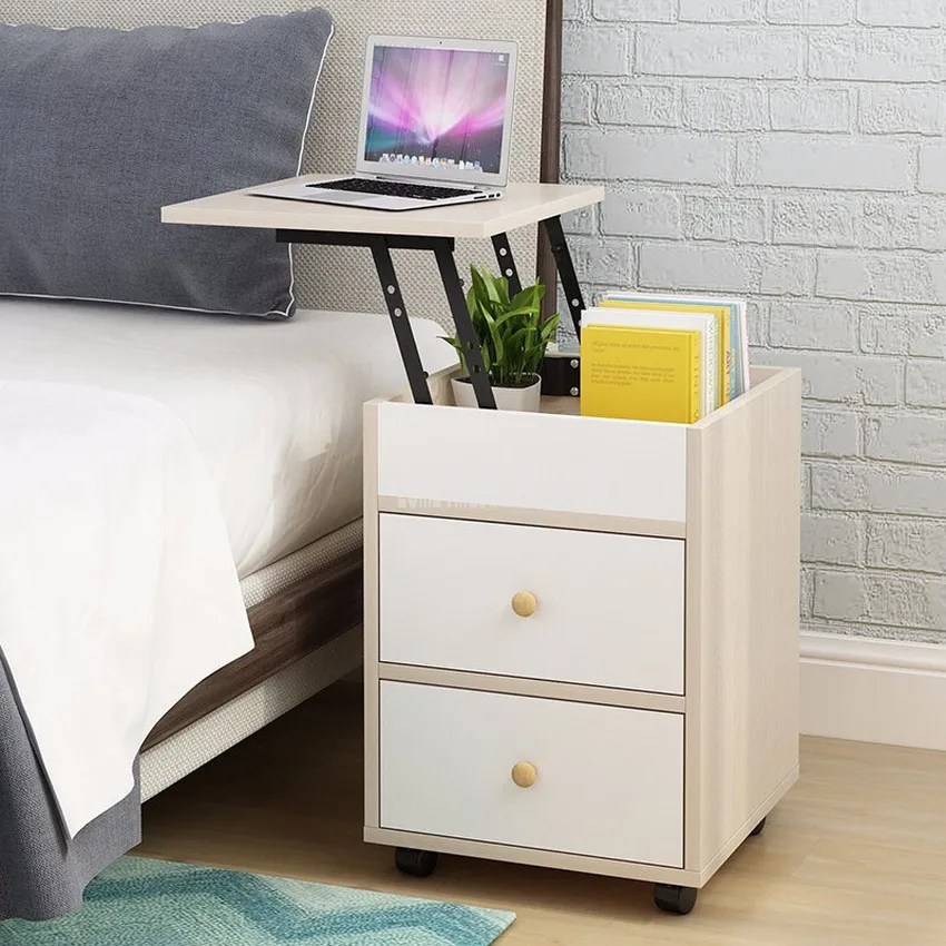 Multifunctional Bedside Cabinet Desktop Liftable Modern Wood Night Table Living Room Bedroom Nightstand Storage Cabinet 2 Drawer