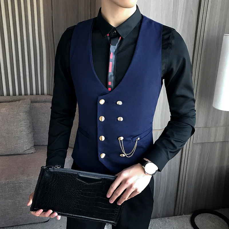 Mens Vest Double-breasted Waistcoat Male Prom Party Disco Waiter Clothes Casual Slim Fit Dress Vest For Men Tuxedo Gilet Homme