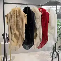 Fur Collar Winter Shawls And Wraps Bohemian Fringe Oversized Womens Winter Ponchos And Capes Batwing Sleeve Cardigan