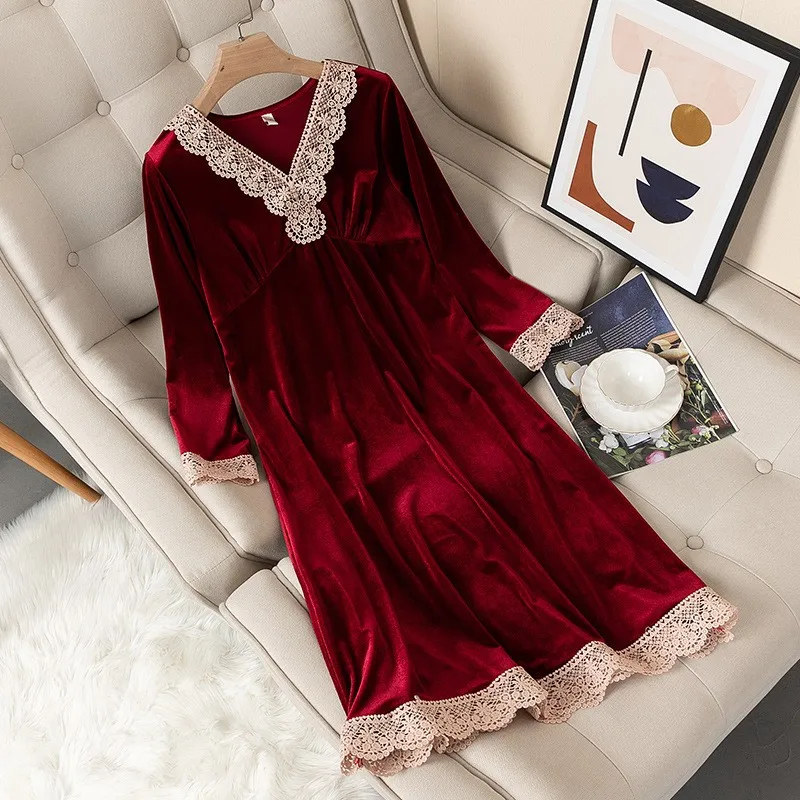 Velvet Sleepwear Women Sleep Dress V-neck Nightdress Velour Nightgown Nightwear 2021 New Intimate Lingerie Homewear