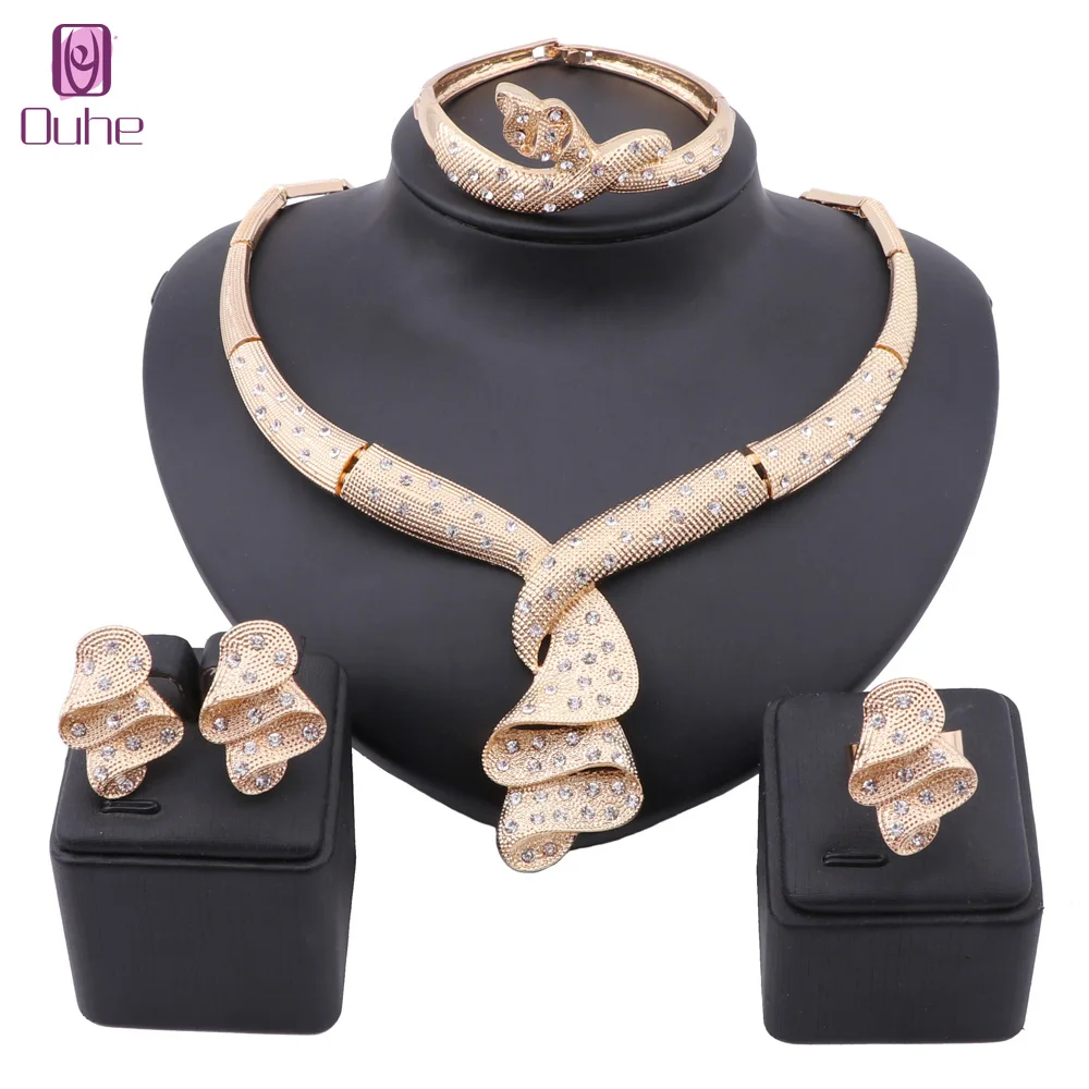 Women Gold Color Crystal Wedding Party Necklace Bangle Earring Ring Italian Jewellry Set