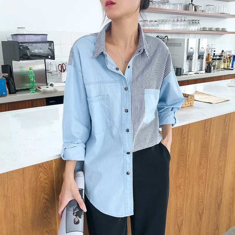 Autumn Loose Long Denim Shirt Woman Casual Outwear Patchwork Striped Ladies Tops Long Sleeve Button Up Shirts Women Jean Blouses