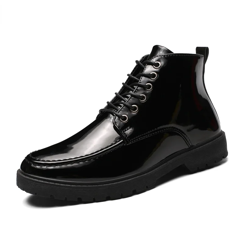 New Patent Leather Boots Men British Style Gothic Ankle Boots Punk Men Black Motorcycle Oxford Boots Thick Sole High Top Shoes