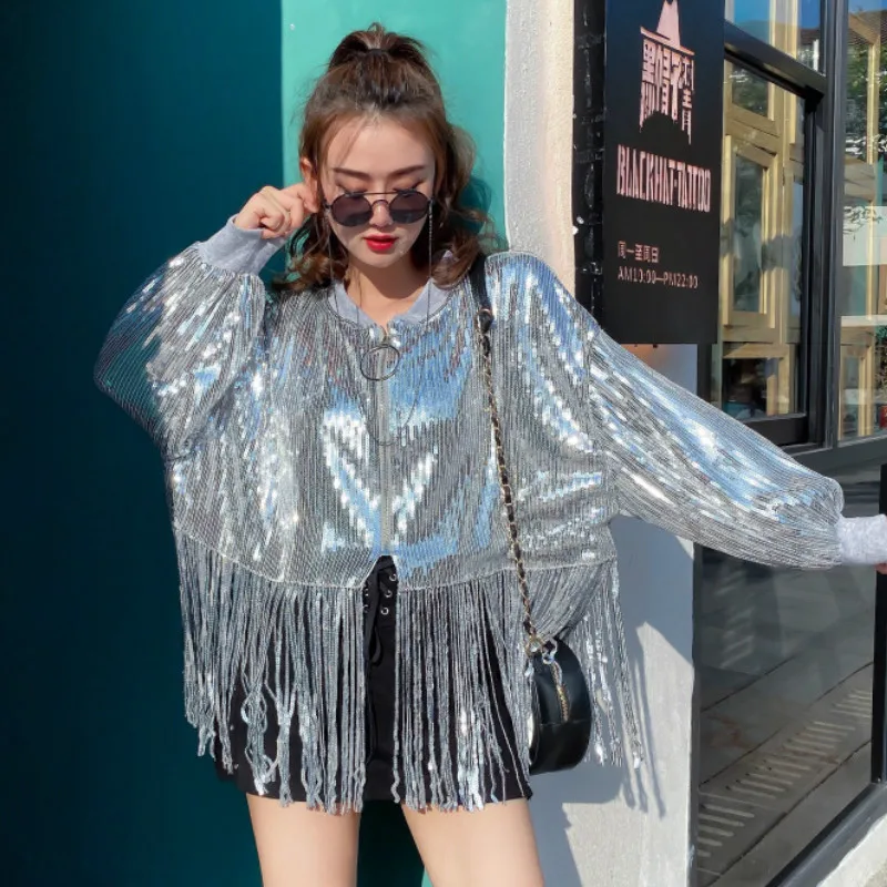 

Women's Harajuku Beaded Cropped Jacket Sequins Coat Zipper Beading Fringed Cardigan Tide Tassels Dance Show Tops Tide Bomber